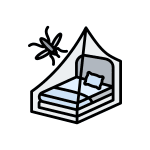 illustration d'un lit protégé par une moustiquaire avec un moustique qui essaye d'entrer