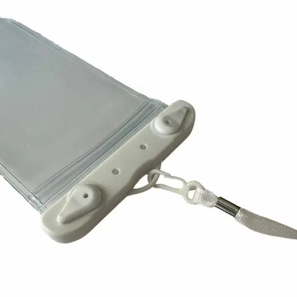 pochette étanche pour téléphone portable de couleur blanc avec zoom sur la fermeture