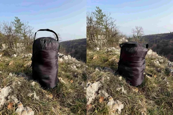 on observe deux photos montrant un sac de couchage rangé mais un compressé et l'autre non
