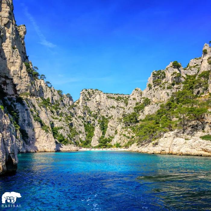 une calanque en bas d'une falaise avec une mer bien bleu